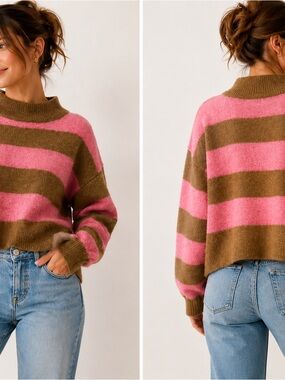 J.Crew Extra Soft Pink Brown Striped Mock Neck Sweater Small Cozy
